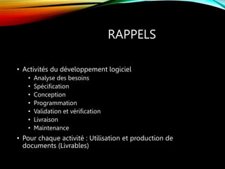 RAPPELS
• Activités du développement logiciel
• Analyse des besoins
• Spécification
• Conception
• Programmation
• Validation et vérification
• Livraison
• Maintenance
• Pour chaque activité : Utilisation et production de
documents (Livrables)
 