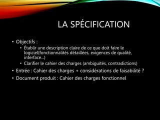 LA SPÉCIFICATION
• Objectifs :
• Établir une description claire de ce que doit faire le
logiciel(fonctionnalités détaillées, exigences de qualité,
interface...)
• Clarifier le cahier des charges (ambiguïtés, contradictions)
• Entrée : Cahier des charges + considérations de faisabilité ?
• Document produit : Cahier des charges fonctionnel
 