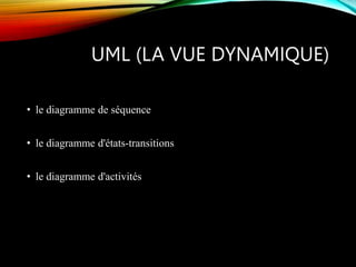UML (LA VUE DYNAMIQUE)
• le diagramme de séquence
• le diagramme d'états-transitions
• le diagramme d'activités
 