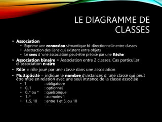 LE DIAGRAMME DE
CLASSES
• Association
• Exprime une connexion sémantique bi-directionnelle entre classes
• Abstraction des liens qui existent entre objets
• Le sens d ’une association peut-être précisé par une flêche
• Association binaire = Association entre 2 classes. Cas particulier
d ’association n-aire
• Rôle = rôle joué par une classe dans une association
• Multiplicité = indique le nombre d’instances d ’une classe qui peut
être mise en relation avec une seul instance de la classe associée
• 1 : obligatoire
• 0..1 : optionnel
• 0..* ou * : quelconque
• 1..* : au moins 1
• 1..5, 10 : entre 1 et 5, ou 10
 