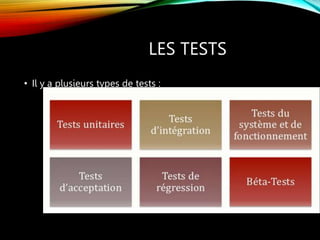 LES TESTS
• Il y a plusieurs types de tests :
 
