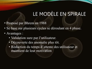 LE MODÈLE EN SPIRALE
• Proposé par Bhrem en 1988
• Se base sur plusieurs cycles se déroulant en 4 phase.
• Avantages :
• Validation sure par l’utilisateur.
• Découverte des anomalie plus tôt.
• Réduction du temps d’attente des utilisateur et
maintient de leur motivation
 