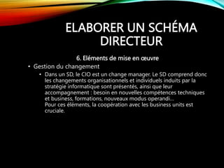 ELABORER UN SCHÉMA
DIRECTEUR
6. Eléments de mise en œuvre
• Gestion du changement
• Dans un SD, le CIO est un change manager. Le SD comprend donc
les changements organisationnels et individuels induits par la
stratégie informatique sont présentés, ainsi que leur
accompagnement : besoin en nouvelles compétences techniques
et business, formations, nouveaux modus operandi…
Pour ces éléments, la coopération avec les business units est
cruciale.
 