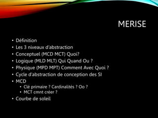 MERISE
• Définition
• Les 3 niveaux d’abstraction
• Conceptuel (MCD MCT) Quoi?
• Logique (MLD MLT) Qui Quand Ou ?
• Physique (MPD MPT) Comment Avec Quoi ?
• Cycle d’abstraction de conception des SI
• MCD
• Clé primaire ? Cardinalités ? Oo ?
• MCT cmnt créer ?
• Courbe de soleil
 