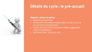 Détails du cycle : le pré-accueil
Objectif : faîtes-le saliver
o Rappelez la réservation
o Donnez de l’information pratique (plan d’accès, heure de
rdv, services et équipements)
o Donnez de l’info sur la destination (météo, suggestions
visites et animations)
o Fonctionne bien : les points wifi
 