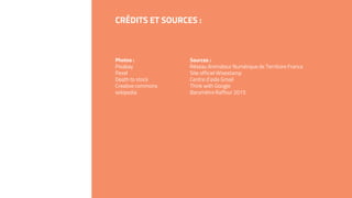 CRÉDITS ET SOURCES :
Photos :
Pixabay
Pexel
Death to stock
Creative commons
wikipedia
Sources :
Réseau Animateur Numérique de Territoire France
Site officiel Wisestamp
Centre d’aide Gmail
Think with Google
Baromètre Raffour 2015
 