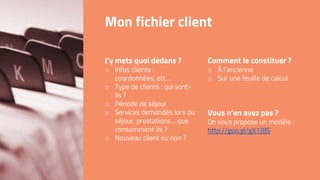 Comment le constituer ?
o À l’ancienne
o Sur une feuille de calcul
Vous n’en avez pas ?
On vous propose un modèle :
http://goo.gl/gX1JBS
Mon fichier client
J’y mets quoi dedans ?
o Infos clients :
coordonnées, etc…
o Type de clients : qui sont-
ils ?
o Période de séjour
o Services demandés lors du
séjour, prestations… que
consomment ils ?
o Nouveau client ou non ?
 