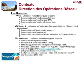 Contexte
Direction des Opérations Réseau
Les Services :
 Voix : utilisateur = client Bouygues Telecom
 Communications de/vers Bouygues Telecom,
 Communications de/vers Orange & SFR,
 Communications de/vers les téléphones fixes,
 …
 Réseau IP : utilisateur = Productions Bouygues Telecom (Réseau, SI &
bureautique)
 Communications IP entre tous les serveurs,
 Communications de/vers Internet,
 Communications cryptées de/vers les partenaires de Bouygues Telecom
 …
 « Services » : utilisateur = client Bouygues Telecom
 Vocaux : Boîtes et portails vocales,
 Kiosques multi-opérateurs : SMS+, Gallery, …
 SMS : Bouygues Telecom, échanges de/vers Orange & SFR, …
 MultiMédia Mobile : Surf i-mode™, surf Wap, Mail i-mode™,MMS,Vidéo
 Internet : Esp@ce Client, www.bouyguestelecom.fr, …
 Entreprise : Localisation, Raccordement SMS, …
 Gestion des campagnes Marketing : média VMS, média mail i-mode™
 InterConnexion : SMS, MMS.
 