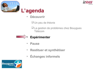 L’agenda
• Découvrir
 Un peu de théorie
 La gestion de problèmes chez Bouygues
Télécom
• Expérimenter
• Pause
• Restituer et synthétiser
• Échanges informels
 