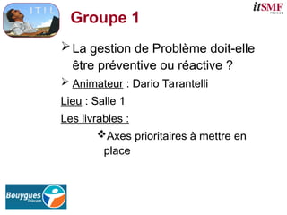 Groupe 1
La gestion de Problème doit-elle
être préventive ou réactive ?
 Animateur : Dario Tarantelli
Lieu : Salle 1
Les livrables :
Axes prioritaires à mettre en
place
 