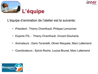 L’équipe
L’équipe d’animation de l’atelier est la suivante:
• Président : Thierry Chamfrault, Philippe Lemonnier
• Experts ITIL : Thierry Chamfrault, Vincent Douhairie
• Animateurs : Dario Tarantelli, Olivier Maupate, Marc Lallemand
• Coordinateurs : Sylvie Roche, Louisa Brunet, Marc Lallemand
 