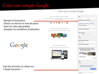Créer  son  compte  Google  
Remplir	
  le	
  formulaire	
  
Choisir	
  un	
  mail	
  et	
  un	
  mot	
  de	
  passe	
  
Saisir	
  les	
  infos	
  demandées	
  
Accepter	
  les	
  condi.ons	
  d’u.lisa.on	
  
Une	
  fois	
  terminé,	
  on	
  clique	
  sur	
  :	
  
«	
  Étape	
  Suivante	
  »	
  
 