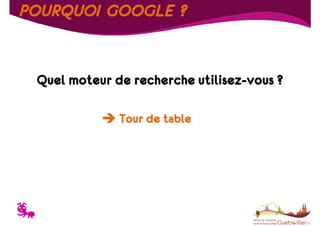 POURQUOI GOOGLE ?

Quel moteur de recherche utilisez-vous ?
Tour de table

T

 