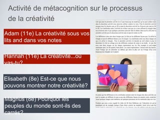 Activité de métacognition sur le processus
de la créativité
Adam (11e) La créativité sous vos
lits and dans vos notes
Hannah (11e) La créativité...où
vas-tu?
Elisabeth (8e) Est-ce que nous
pouvons montrer notre créativité?
Magnus (8e) Pourquoi les
peuples du monde sont-ils des
carrés?
 