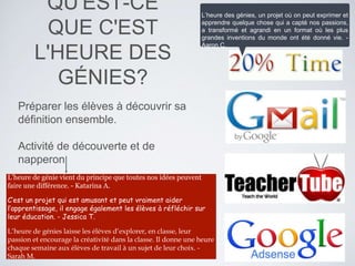 QU'EST-CE
QUE C'EST
L'HEURE DES
GÉNIES?
Préparer les élèves à découvrir sa
définition ensemble.
Activité de découverte et de
napperon
L’heure de génie vient du principe que toutes nos idées peuvent
faire une différence. - Katarina A.
C’est un projet qui est amusant et peut vraiment aider
l’apprentissage, il engage également les élèves à réfléchir sur
leur éducation. - Jessica T.
L’heure de génies laisse les élèves d’explorer, en classe, leur
passion et encourage la créativité dans la classe. Il donne une heure
chaque semaine aux élèves de travail à un sujet de leur choix. -
Sarah M.
L’heure des génies, un projet où on peut exprimer et
apprendre quelque chose qui a capté nos passions,
a transformé et agrandi en un format où les plus
grandes inventions du monde ont été donné vie. -
Aaron C.
 