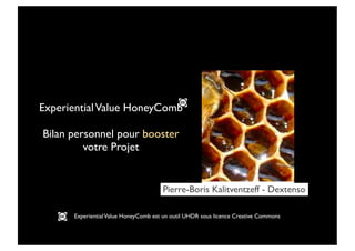 Experiential Value HoneyComb

Bilan personnel pour booster
         votre Projet


                                      Pierre-Boris Kalitventzeff - Dextenso

      Experiential Value HoneyComb est un outil UHDR sous licence Creative Commons
 