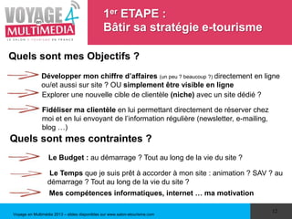 Voyage en Multimédia 2013 – slides disponibles sur www.salon-etourisme.com
12
1er ETAPE :
Bâtir sa stratégie e-tourisme
Dé...