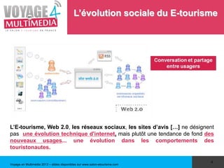 Voyage en Multimédia 2013 – slides disponibles sur www.salon-etourisme.com
4
L’E-tourisme, Web 2.0, les réseaux sociaux, l...