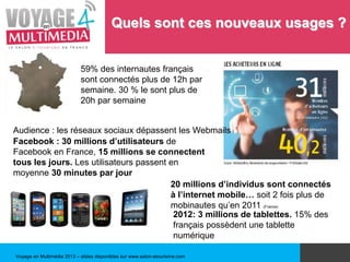 Voyage en Multimédia 2013 – slides disponibles sur www.salon-etourisme.com
Quels sont ces nouveaux usages ?
59% des intern...