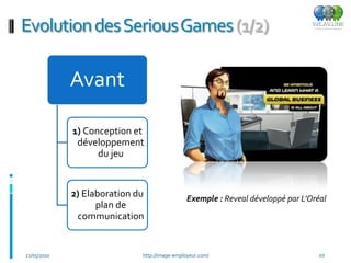 Evolution des SeriousGames (1/2)

             Avant

             1) Conception et
              développement
                   du jeu


             2) Elaboration du                Exemple : Reveal développé par L’Oréal
                   plan de
              communication


21/05/2010                   http://image-employeur.com/                          10
 