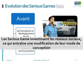 Evolution des SeriousGames (1/2)

                Avant

                1) Conception et
                 développement
                      du jeu
Les Serious Game investissent les réseaux sociaux,
 ce qui entraîne une modification de leur mode de
          2) Elaboration du   Exemple : Reveal développé par L’Oréal
                plan de conception
                 communication


   21/05/2010                  http://image-employeur.com/    11
 