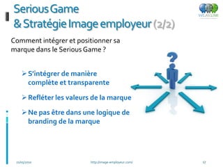 SeriousGame
& Stratégie Image employeur (2/2)
Comment intégrer et positionner sa
marque dans le Serious Game ?


     S’intégrer de manière
      complète et transparente

     Refléter les valeurs de la marque

     Ne pas être dans une logique de
      branding de la marque




 21/05/2010               http://image-employeur.com/   17
 
