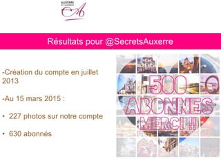 Résultats pour @SecretsAuxerre
-Création du compte en juillet
2013
-Au 15 mars 2015 :
• 227 photos sur notre compte
• 630 abonnés
 