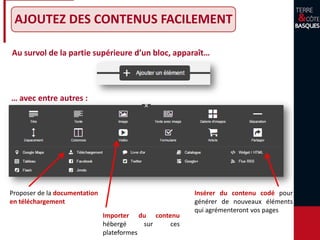 AJOUTEZ DES CONTENUS FACILEMENT
Insérer du contenu codé pour
générer de nouveaux éléments
qui agrémenteront vos pages
Proposer de la documentation
en téléchargement
Importer du contenu
hébergé sur ces
plateformes
… avec entre autres :
Au survol de la partie supérieure d’un bloc, apparaît…
 