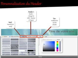 Motif  :  
InserRion  de  
motif  
Personnalisation  du  Header    
Modiﬁer  le  
header  :  
changer  la  
taille    :  hauteur  
et  largeur  
TitOe  :  
modiﬁcation  
du  titOe  
d’entête  
 
