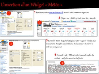 L’inserRion  d’un  Widget  «  Météo  »  
1	
  
2	
  
3	
  
4	
  
1  Rendez-­‐vous  sur  www.meteorama.…  et  saisir  votOe  commune  à  gauche  
2  Cliquez  sur  «  Météo  gOat`it  pour  site  »  à  droite  
3  Suivre  les  étapes  du  paramétOage  de  votOe  widget  et  voyez  à  quoi  
il  ressemble.  Acceptez  les  conditions  et  cliquez  sur  «  Générer  le  
code  (en  bas  à  gauche)  
4  Copiez  le  code  HTML  et  collez  le  dans  le  cadre  du  
module  «  widget  »  sur  votOe  site  Jimdo.  
 