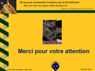 On ne peut commander la nature qu’en lui obéissant
One can order the nature while obeying to it
[Rousseau J J (1750) Discours sur les sciences et les arts]
N2N2
Mamadou Gueye
Merci pour votre attention
LCM Atelier Inoculation Juillet 2013
 