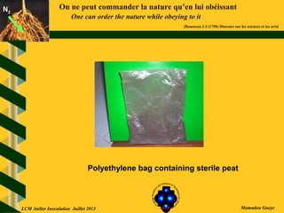 On ne peut commander la nature qu’en lui obéissant
One can order the nature while obeying to it
[Rousseau J J (1750) Discours sur les sciences et les arts]
N2N2
Mamadou Gueye
Polyethylene bag containing sterile peat
LCM Atelier Inoculation Juillet 2013
 