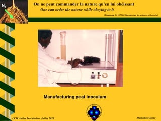 On ne peut commander la nature qu’en lui obéissant
One can order the nature while obeying to it
[Rousseau J J (1750) Discours sur les sciences et les arts]
N2N2
Mamadou Gueye
Manufacturing peat inoculum
LCM Atelier Inoculation Juillet 2013
 