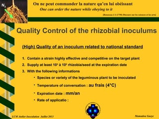 On ne peut commander la nature qu’en lui obéissant
One can order the nature while obeying to it
[Rousseau J J (1750) Discours sur les sciences et les arts]
N2N2
Mamadou Gueye
Quality Control of the rhizobial inoculums
(High) Quality of an inoculum related to national standard
1. Contain a strain highly effective and competitive on the target plant
2. Supply at least 103
à 105
rhizobia/seed at the expiration date
3. With the following informations
• Species or variety of the leguminous plant to be inoculated
• Temperature of conversation : au frais (4°C)
• Expiration date : mm/an
• Rate of applicatio :
LCM Atelier Inoculation Juillet 2013
 