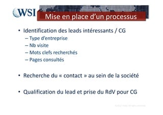 Mise en place d’un processus
• Identification des leads intéressants / CG
  – Type d’entreprise
  – Nb visite
  – Mots clefs recherchés
  – Pages consultés

• Recherche du « contact » au sein de la société

• Qualification du lead et prise du RdV pour CG

                                       ©2012  RAM. All rights reserved.
 