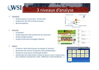 3 niveaux d’analyse
•   Standard :
     –   Analyse jusqu’à 5 concurrents,  10 mots clefs
     –   Analyse Site, SEO, PPC et Réseaux Sociaux, 
     –   Recommandations



•   Avancée 
     –   Cf Standard
     –   Analyse Ergonomie Site (architecture de conversion)
     –   Analyse Google Analytics
     –   Analyse Performance Campagnes Adwords



•   Expert 
     –   Cf Avancé + Brain Storming avec vos équipes (2 réunions)
     –   Benchmark avec d’autres entreprises même problématique 
     –   Analyse de vos processus marketing & résultats
     –   Identification de 3 idées fortes à mettre en œuvre à court / moyen terme 
         pour améliorer la prospection, vente,  fidélisation, recommandations, …)


                                                                                     29
 