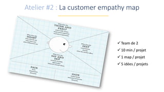 Atelier #2 : La customer empathy map
 Team de 2
 10 min / projet
 1 map / projet
 5 idées / projets
 