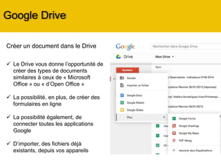 Google Drive : Présentation …
 Nouveau : pour créer un nouveau
document
 Mon Drive : vos documents
 Partagés avec moi : documents que l’on a
partagé avec moi
Mode liste ou carré
Trier de A à Z
Afficher l’historique
Paramètres
 