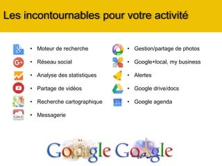 Les incontournables pour votre activité
• Moteur de recherche
• Réseau social
• Analyse des statistiques
• Partage de vidéos
• Recherche cartographique
• Messagerie
• Gestion/partage de photos
• Google+local, My Business
• Alertes
• Google drive/docs
• Google agenda
 