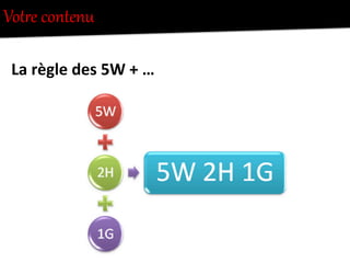 VotUe  contenu  
La	
  règle	
  des	
  5W	
  +	
  …	
  
 