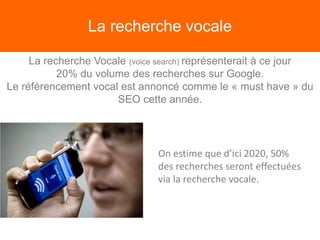 La recherche vocale
La recherche Vocale (voice search) représenterait à ce jour
20% du volume des recherches sur Google.
Le référencement vocal est annoncé comme le « must have » du
SEO cette année.
On estime que d’ici 2020, 50%
des recherches seront effectuées
via la recherche vocale.
 