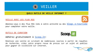1. VEILLER5
QUELS OUTILS DE VEILLE INTERNET ?
VEILLE AVEC LES FLUX RSS
Abonnez-vous à des flux RSS liés à votre activité ou des blogs e-tourisme
pour compléter votre veille.
OUTILS DE CURATION
Adhérez gratuitement à Scoop.It!
Réalisez une veille en scrutant de nombreuses sources à partir de requêtes
de recherche, créez votre propre revue de presse sur un sujet et publiez
pour gagner en visibilité sur internet.
 