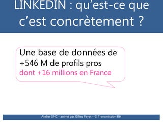 LINKEDIN : qu’est-ce que
c’est concrètement ?
Une base de données de
+546 M de profils pros
dont +16 millions en France
At...