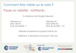 Comment être visible sur le web ?
Payer sa visibilité - AdWords :
2 utilisateurs de Google Adwords
Utilisateur A :
Mise 1€/clic
Taux de qualité : 1

Utilisateur B :
Mise 0,9€/clic
Taux de qualité : 1,2

Utilisateur B premier en payant 0,9€ le clic
Utilisateur A deuxième en payant 1€ le clic

CHAMPAGNE-ARDENNE

 