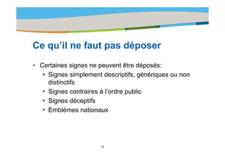 Title of the presentation | Date |‹N°›




Ce ’il
C qu’il ne faut pas déposer
           f t      dé
• Certaines signes ne peuvent être déposés:
    Signes simplement descriptifs, génériques ou non
    distinctifs
    Signes contraires à l’ordre public
    Signes déceptifs
    Emblèmes nationaux




                      10
 