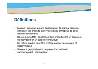 Title of the presentation | Date |‹N°›




Définitions
Défi iti
•   Marque : un signe, ou une combinaison de signes, propre à
    distinguer les produits et services d’une entreprise de ceux
    d’autres entreprises.
                   p
•   Dessin ou modèle : apparence d’un produit ayant un caractère
    de nouveauté et un caractère individuel
•   Un ê
    U même produit peut êt protégé en t t que marque et
                   d it    t être    té é    tant              t
    dessin/modèle
•   3 niveaux géographiques de p
               g g p q             protection : national,
                                                        ,
    communautaire, international



                            2
 