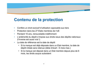 Title of the presentation | Date |‹N°›




Contenu d la protection
C t     de l    t ti
•   Confère un droit exclusif d’utilisation opposable aux tiers
•   Protection dans les 27 Etats membres de l’UE
•   Pendant 10 ans, renouvelable indéfiniment
•   L’antériorité du dépôt s’impose aux droits issus des dépôts nationaux
    (l’inverse est aussi vrai !)
•   La date de référence est la date de dépôt
         Si la marque est déjà déposée dans un Etat membre, la date de
         dépôt initiale sera retenue (délai d’écart : 6 mois max.)
         Si l marque est dé
            la             déposé d
                                  é dans un E membre d
                                             Etat       b depuis plus d 6
                                                               i l de
         mois, les droits acquis subsistent



                                4
 