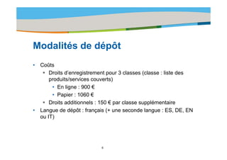 Title of the presentation | Date |‹N°›




Modalités d dé ôt
M d lité de dépôt
•   Coûts
        Droits d’enregistrement pour 3 classes (classe : liste des
        produits/services couverts)
         • En ligne : 900 €
         • Papier : 1060 €
        Droits additionnels : 150 € par classe supplémentaire
•   Langue de dépôt : français (+ une seconde langue : ES, DE, EN
    ou IT)




                            6
 