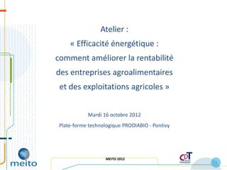 Atelier :
     « Efficacité énergétique :
comment améliorer la rentabilité
des entreprises agroalimentaires
 et des exploitations agricoles »


            Mardi 16 octobre 2012
 Plate-forme technologique PRODIABIO - Pontivy




                   MEITO 2012
                                                 1
 