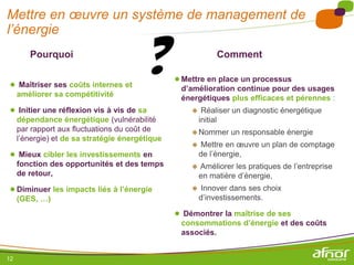 Mettre en œuvre un système de management de
l’énergie
        Pourquoi                                              Comment

                                                 ● Mettre en place un processus
● Maîtriser ses coûts internes et                 d’amélioration continue pour des usages
     améliorer sa compétitivité                   énergétiques plus efficaces et pérennes :
● Initier une réflexion vis à vis de sa                  Réaliser un diagnostic énergétique
     dépendance énergétique (vulnérabilité               initial
     par rapport aux fluctuations du coût de          Nommer     un responsable énergie
     l’énergie) et de sa stratégie énergétique
                                                        Mettre en œuvre un plan de comptage
● Mieux cibler les investissements en                    de l’énergie,
     fonction des opportunités et des temps             Améliorer les pratiques de l’entreprise
     de retour,                                          en matière d’énergie,
● Diminuer les impacts liés à l’énergie                 Innover dans ses choix
     (GES, …)                                            d’investissements.

                                                 ● Démontrer la maîtrise de ses
                                                  consommations d’énergie et des coûts
                                                  associés.


12
 